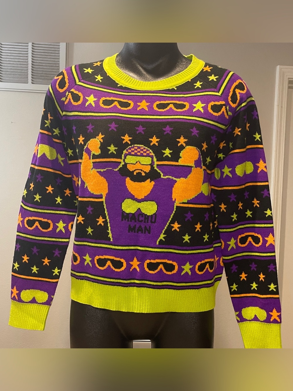 Simplee Neon Green, Purple & Orange 'Macho Man' Crewneck Sweater, Size Medium